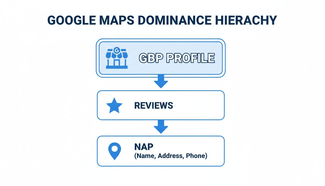 Visual hierarchy of Google Maps dominance, highlighting GBP Profile, Reviews, and NAP information.