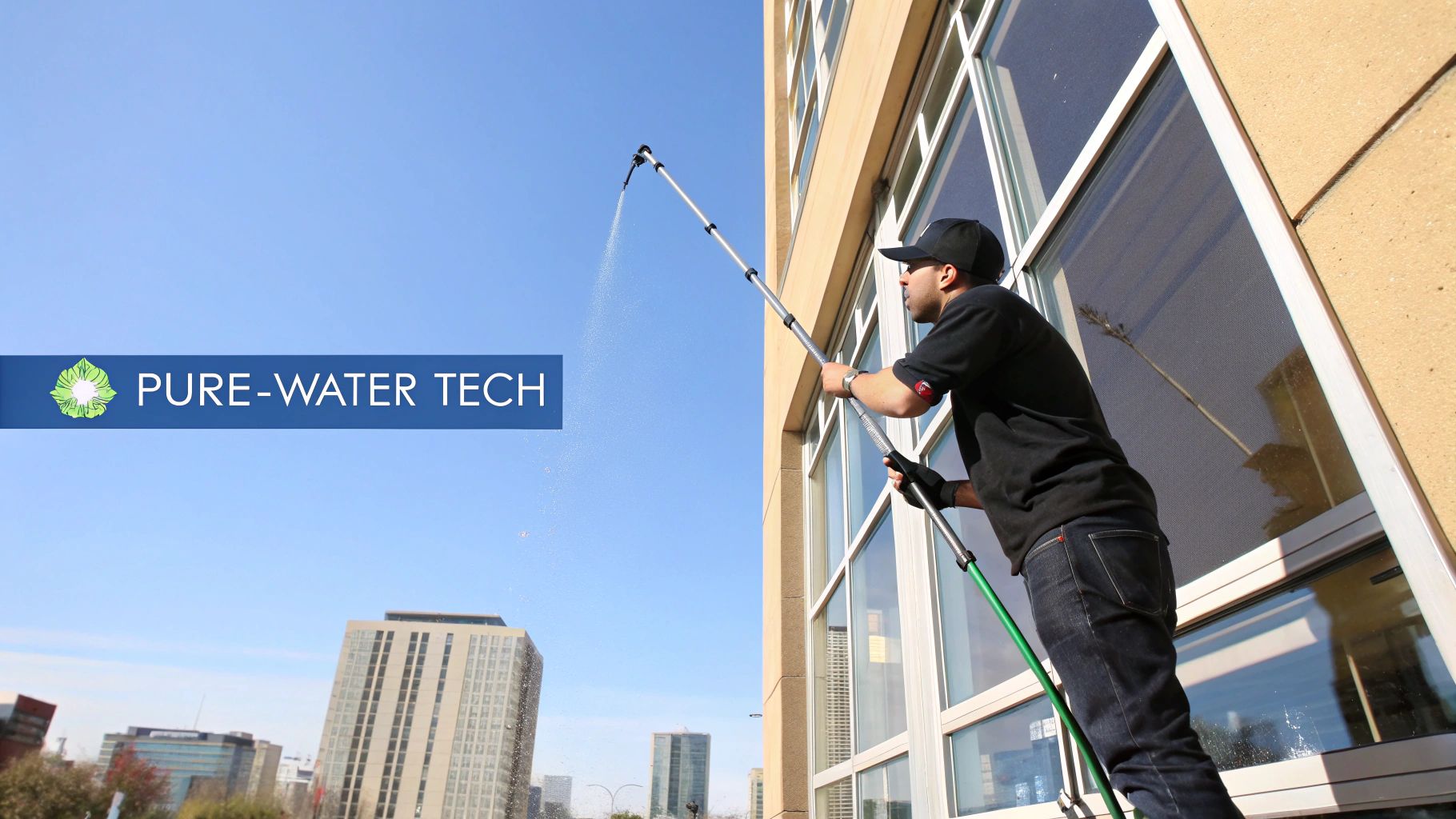 A man uses a long pole with a pure water system to clean large windows of a modern building.