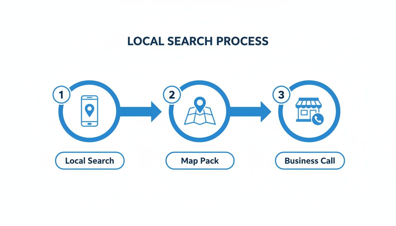 A three-step diagram illustrates the local search process: Local Search, Map Pack, and Business Call.