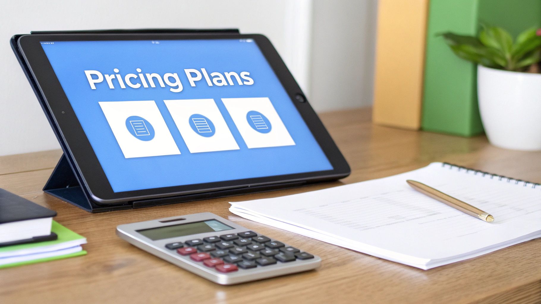 A tablet displays 'Pricing Plans' with document icons, a calculator, pen, and notebook on a desk.