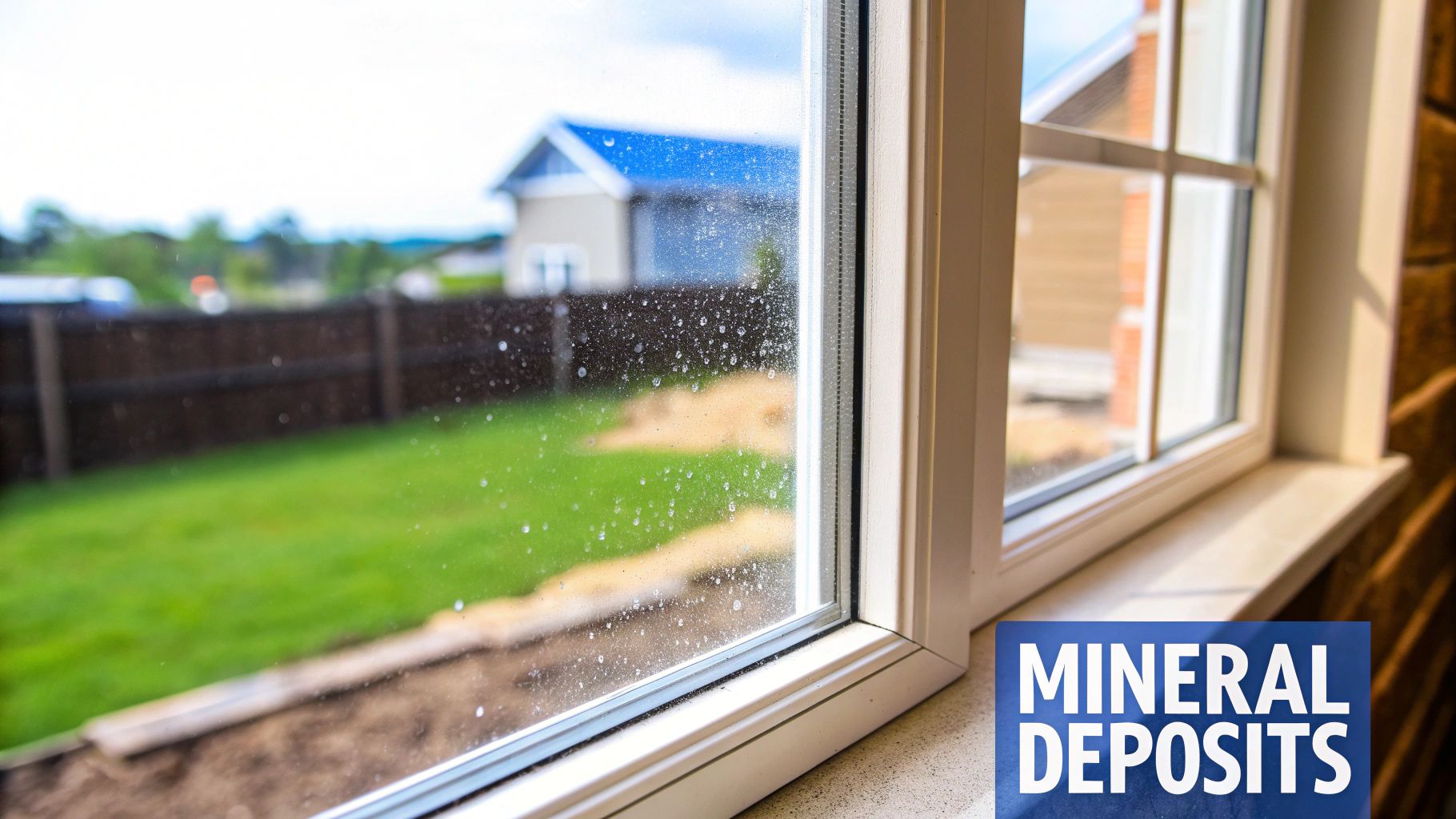 A close-up view of a window pane covered in visible mineral deposits or hard water spots.
