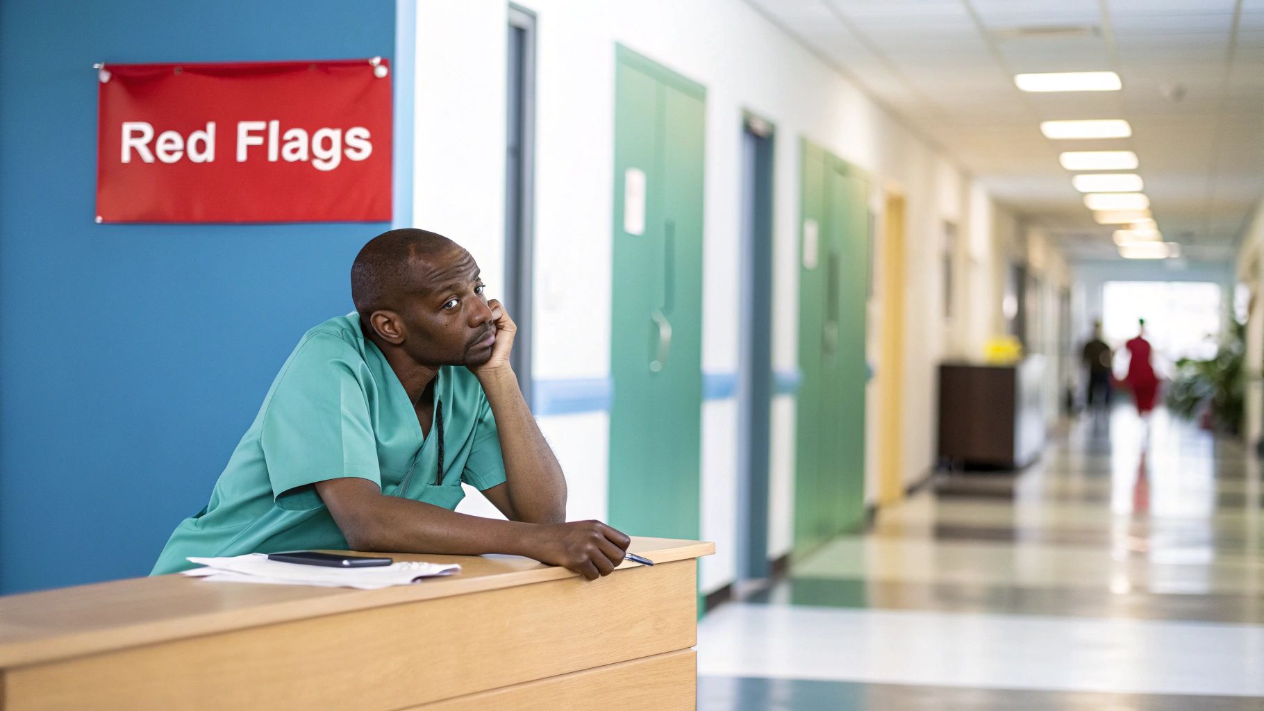 A pensive male healthcare worker in scrubs sits at a desk in a hospital hallway with a 'Red Flags' sign.