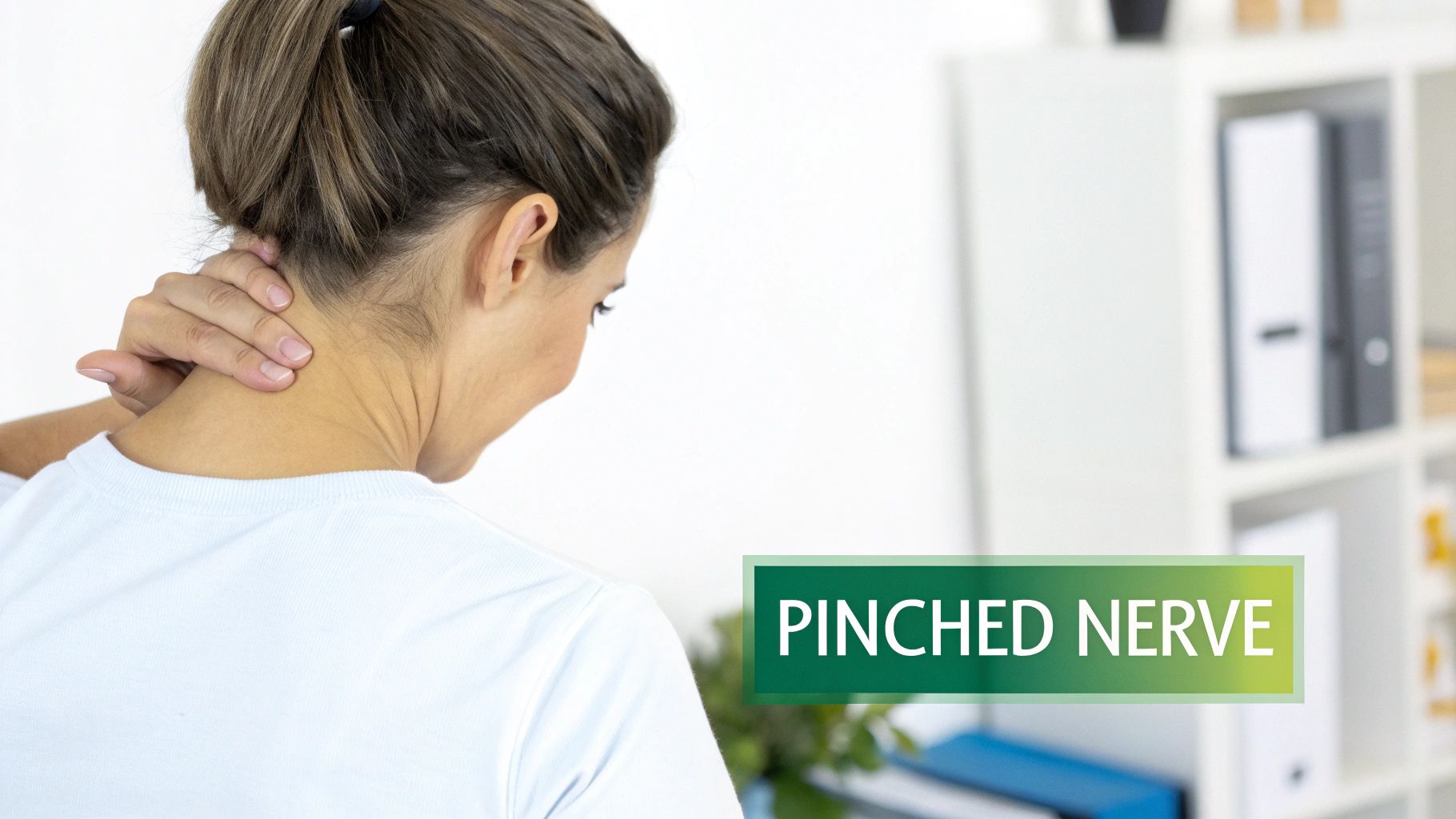 A woman holds her neck, experiencing discomfort, with the words 'PINCHED NERVE' highlighted on the image.