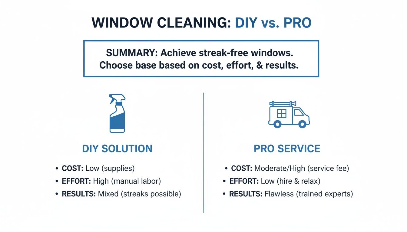Infographic comparing DIY vs. Professional window cleaning, detailing costs, effort, and results with clear icons.