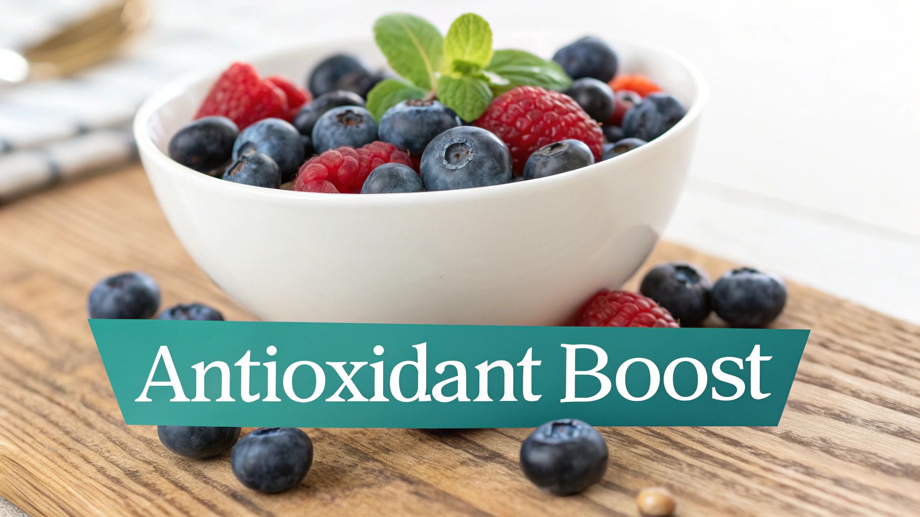 A white bowl filled with fresh blueberries, raspberries, and a mint leaf on a wooden board.