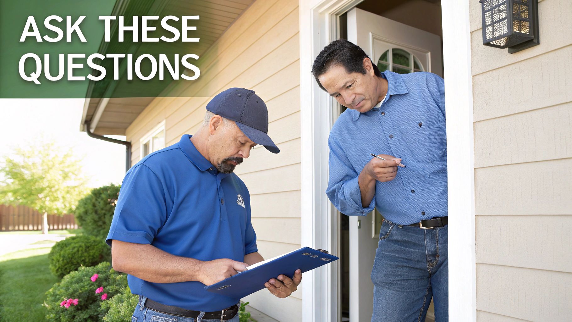 Home service professional and homeowner discuss details outside a house, reviewing documents.