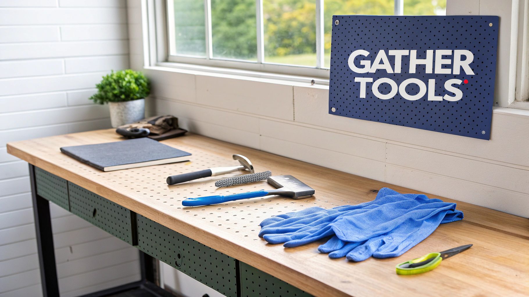 A well-organized wooden workbench with various tools, a notebook, and a 'GATHER TOOLS' sign.