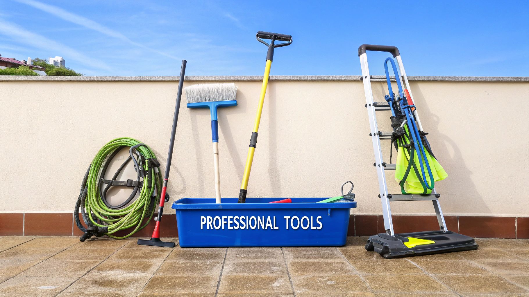 Professional cleaning tools including a hose, mop, brush, bucket, and ladder on a patio.