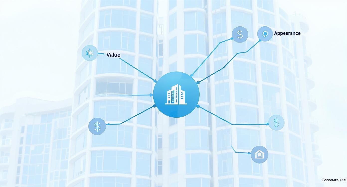 A conceptual diagram shows a high-rise building icon connected to value, appearance, and financial symbols.