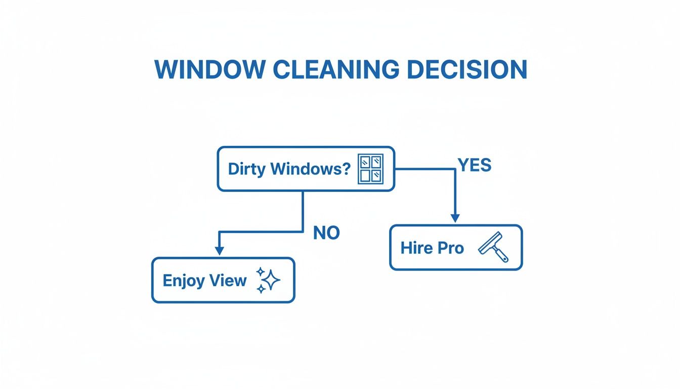 Flowchart showing window cleaning decision: if windows are dirty, hire a pro; otherwise, enjoy.