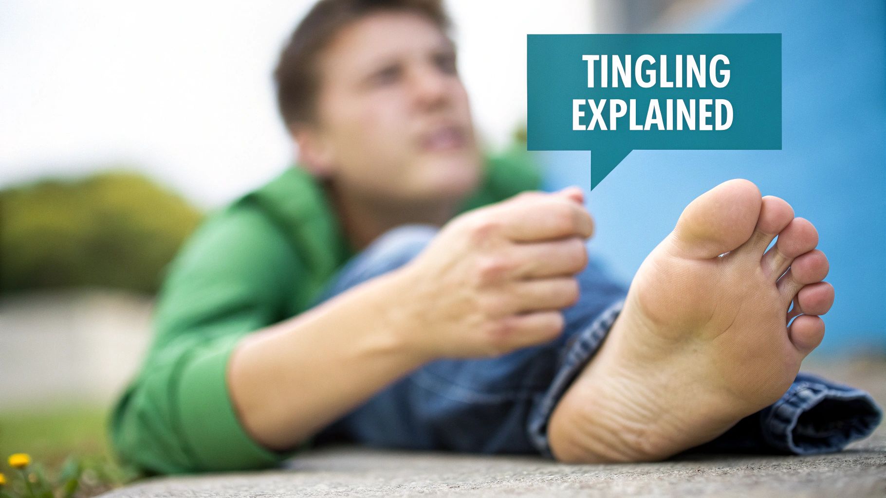 A person lying down, with a close-up of their foot, next to a speech bubble saying "TINGLING EXPLAINED".