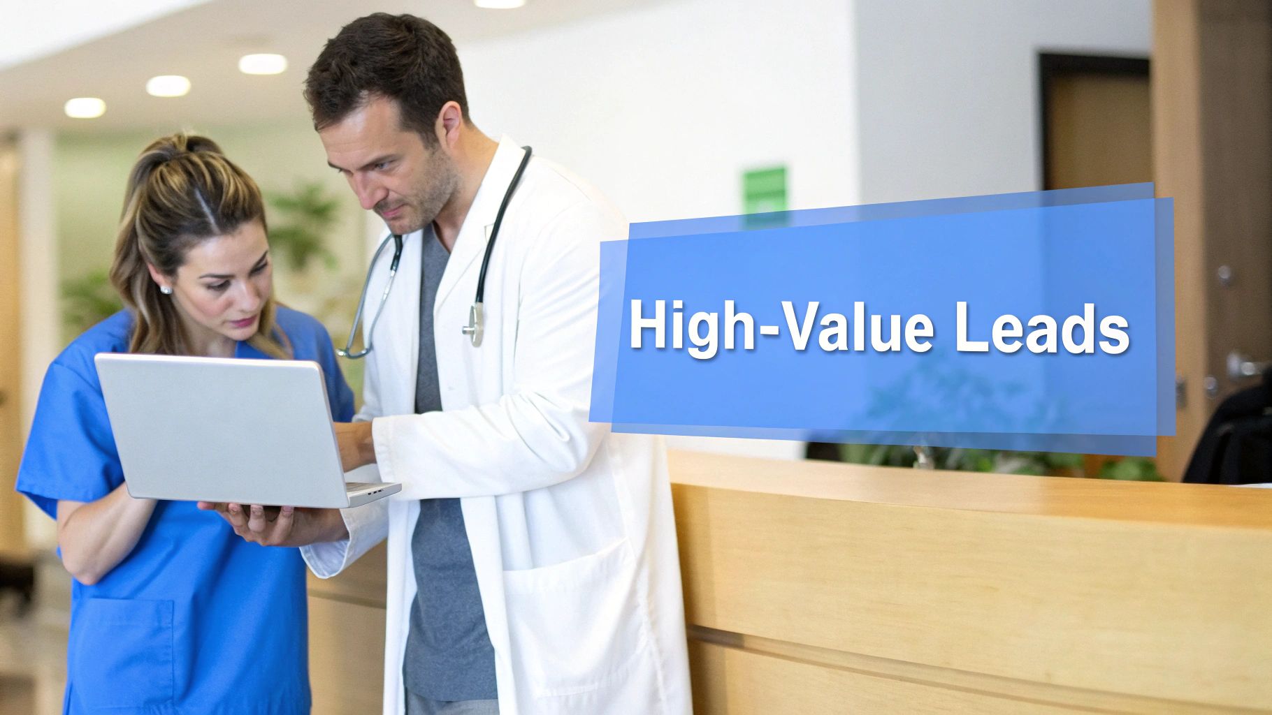 A doctor and nurse review information on a laptop, with text overlay 'High-Value Leads'.