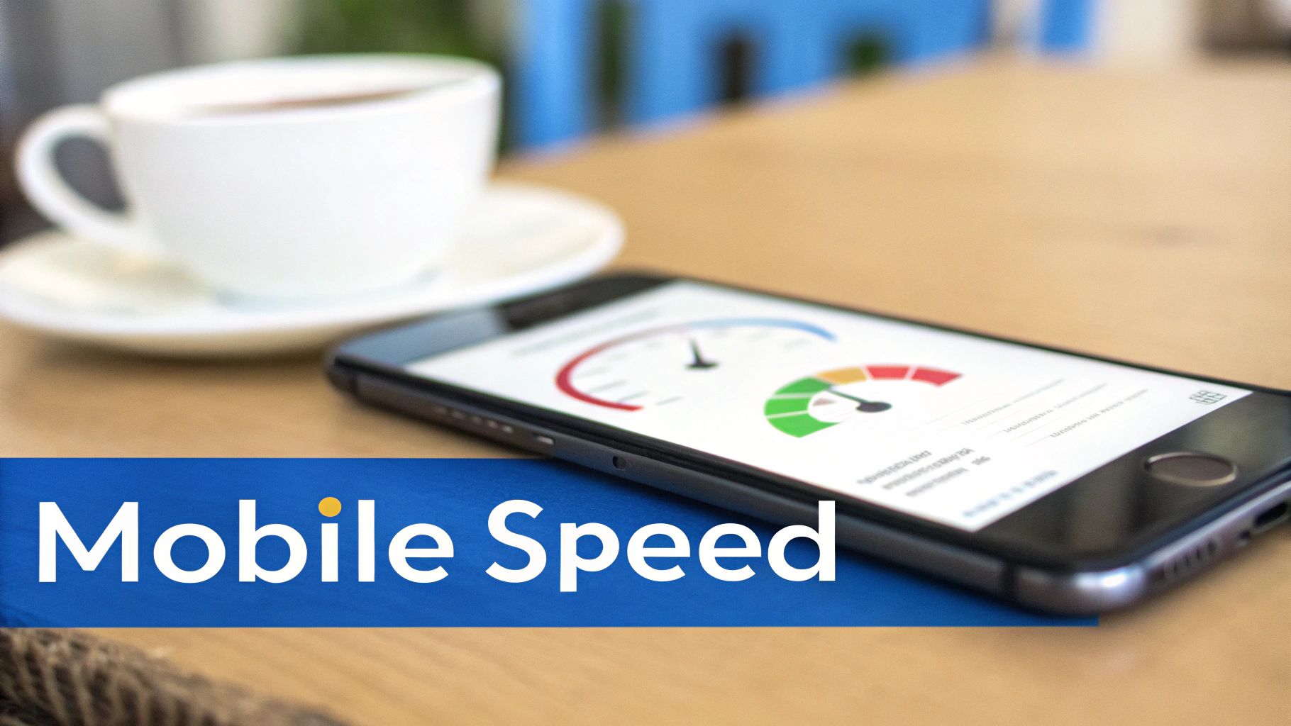 A smartphone showing a mobile speed test app, a coffee cup, and 'Mobile Speed' text overlay.