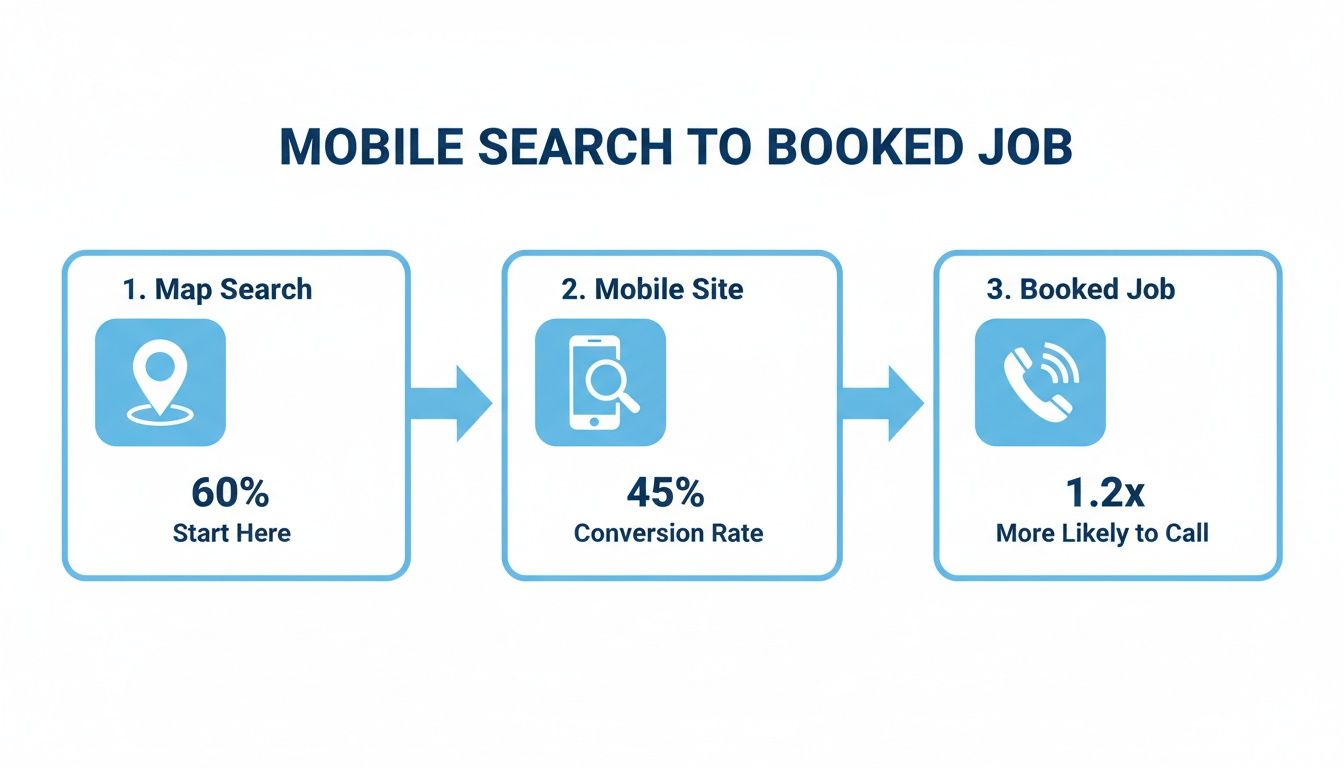 Flowchart showing the customer journey from mobile map search to booking a job, highlighting conversion rates.