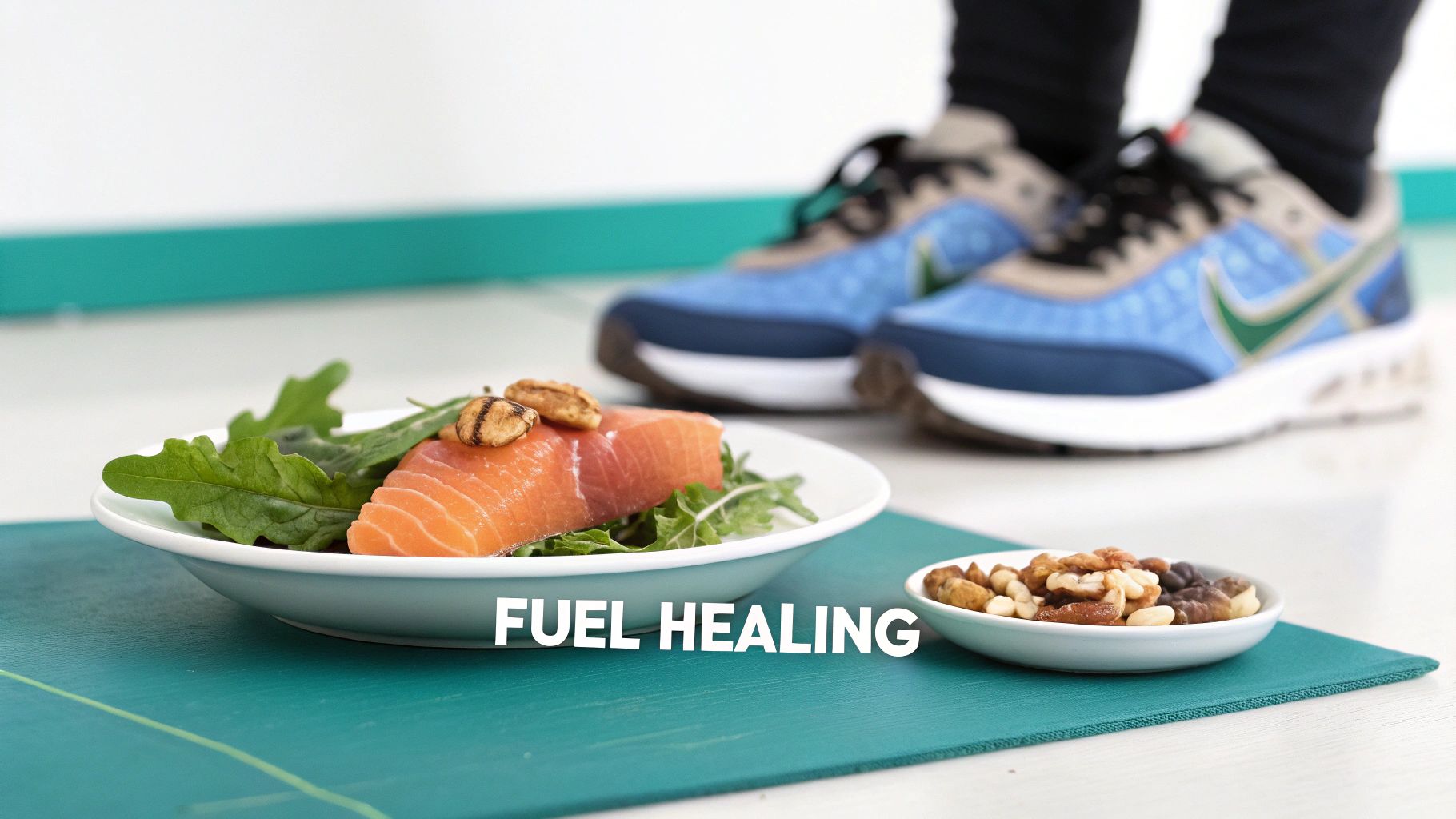 A healthy meal of salmon, greens, and nuts on a mat, with athletic shoes in the background.