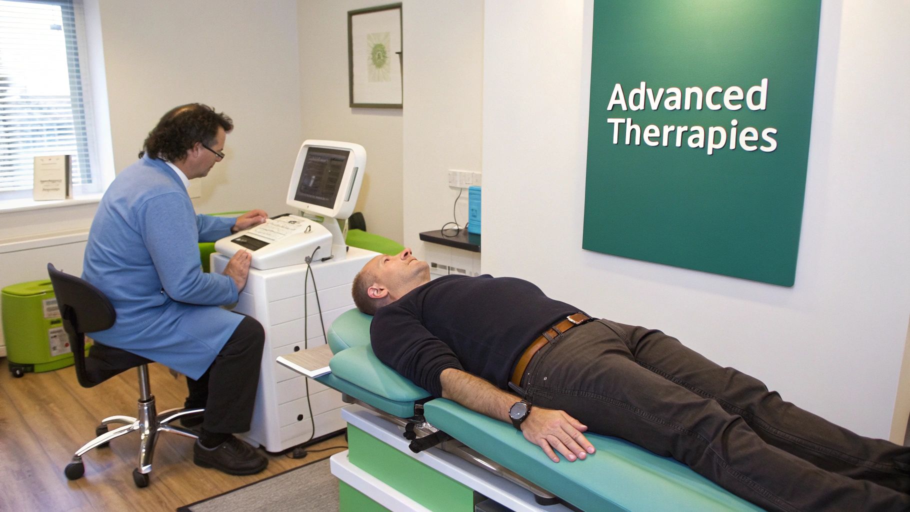 A man lies on a green treatment bed while a therapist operates a medical device, in a room with an 'Advanced Therapies' sign.