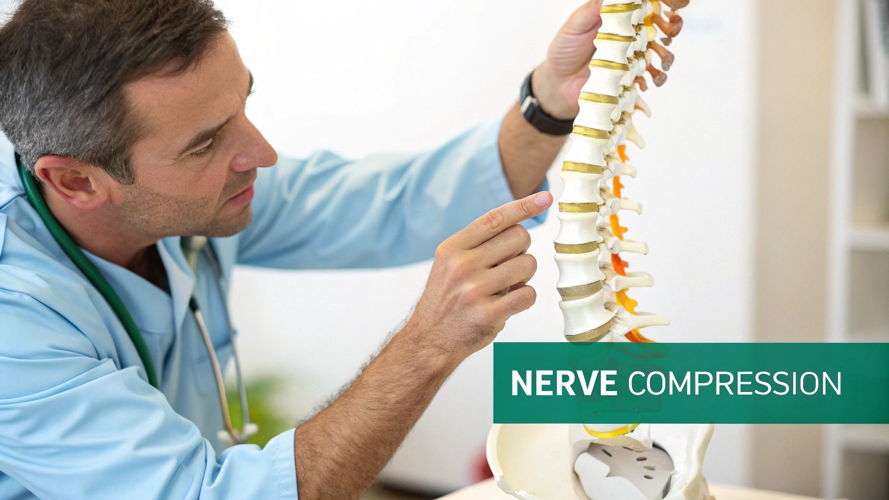 A male doctor in light blue scrubs points to a spinal model demonstrating nerve compression.