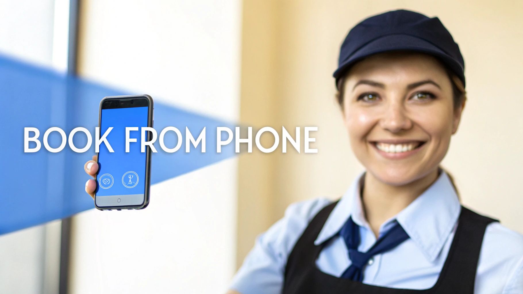 A smiling woman in a service uniform holds a smartphone advertising 'BOOK FROM PHONE' on its screen.