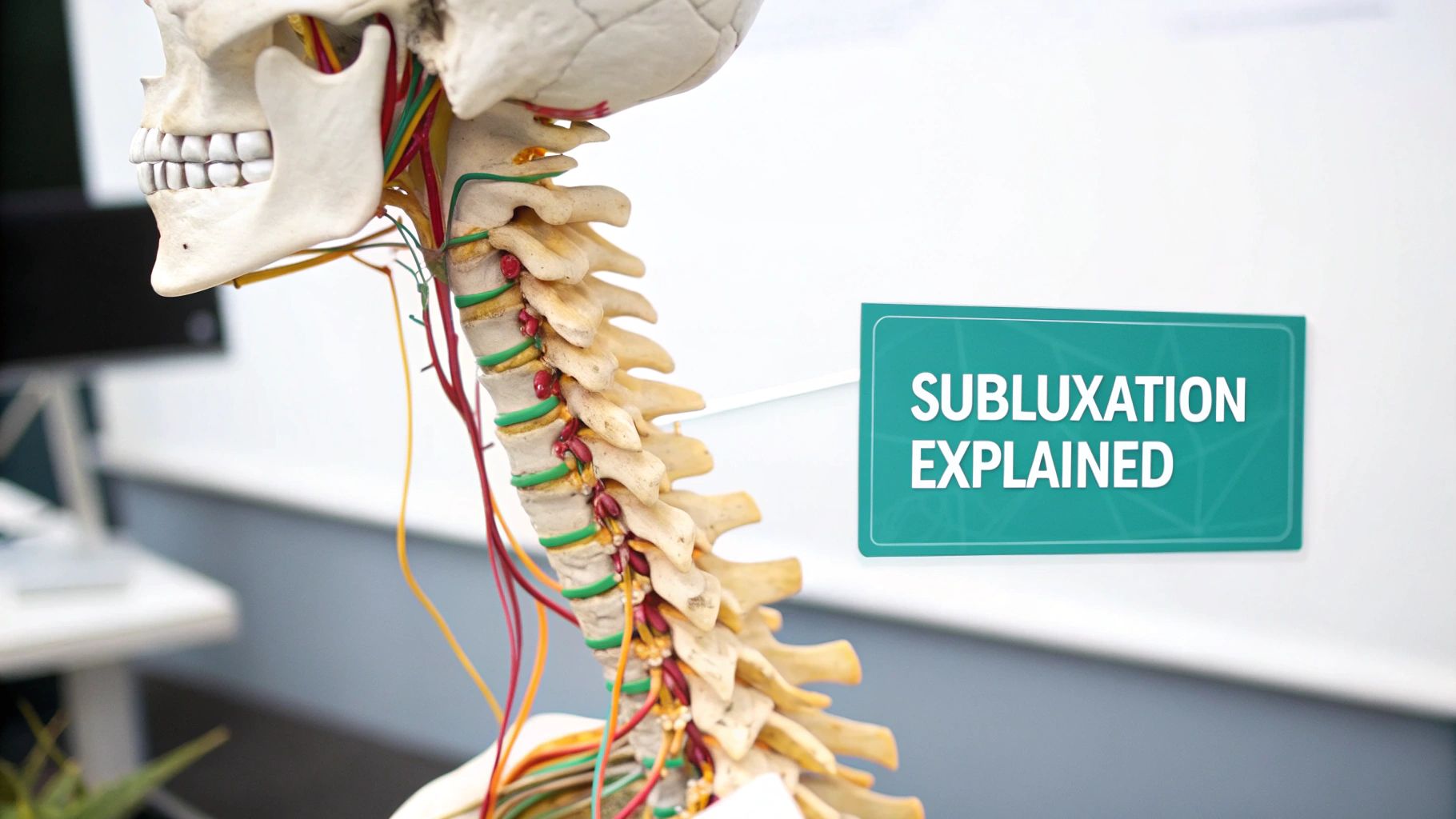 Detailed anatomical model of a human skull and cervical spine with nerves, next to a 'SUBLUXATION EXPLAINED' text box.