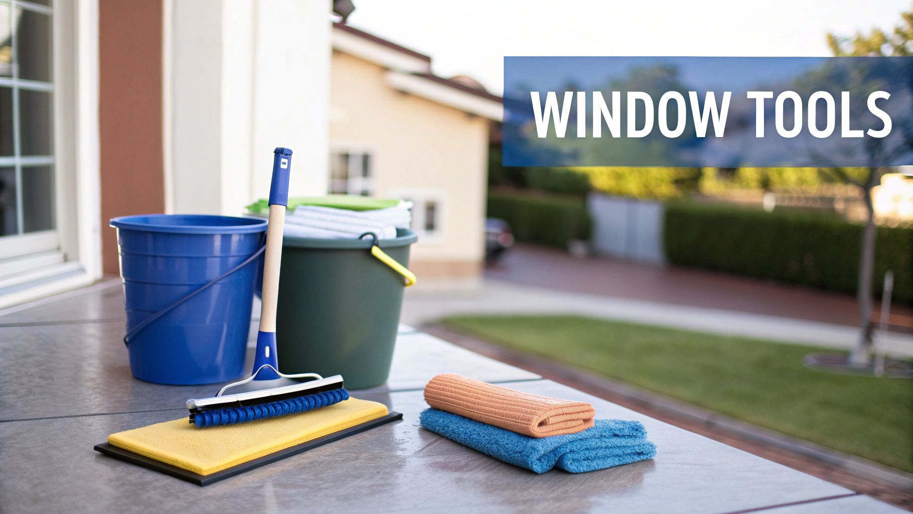 Various window cleaning tools, including buckets, a squeegee, sponges, and towels, are arranged on a patio.