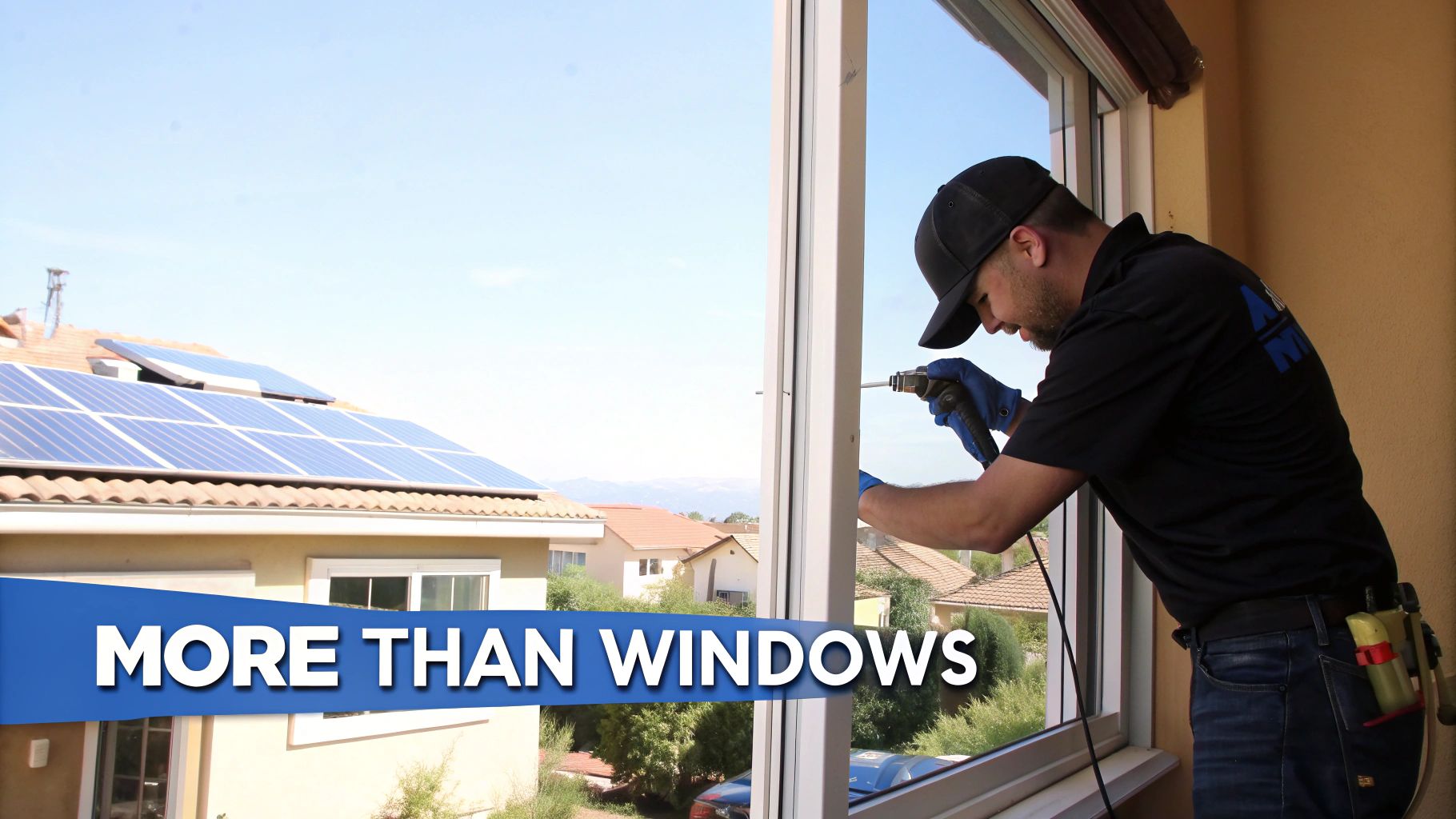 A professional technician wearing blue gloves installing or repairing a window, with solar panels visible on a house.
