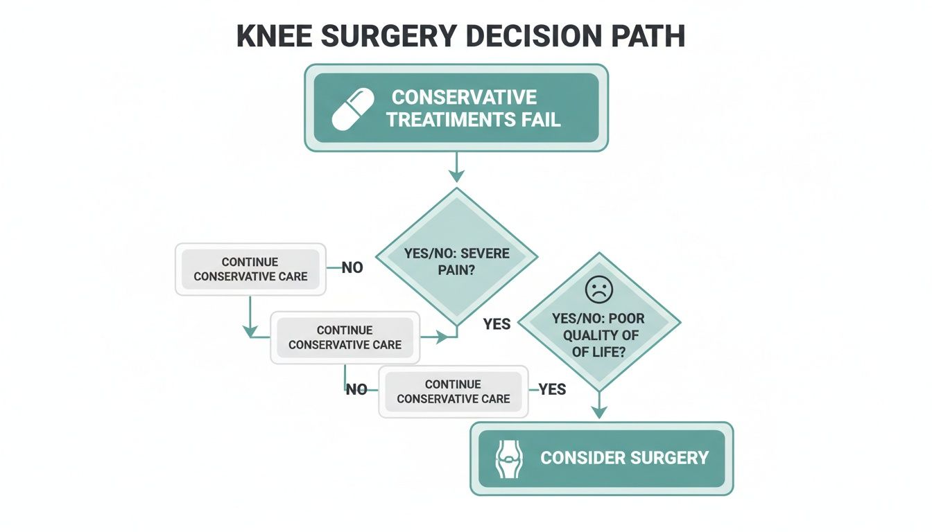 A flowchart outlining the decision path for knee surgery, considering conservative treatment failure, severe pain, and quality of life.