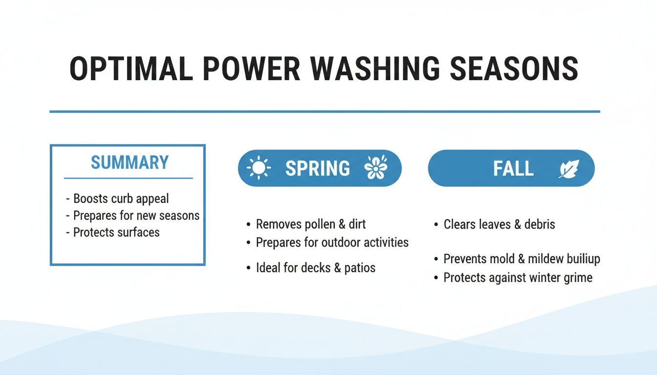 Infographic showing optimal power washing seasons, detailing benefits for spring, fall, and a general summary.