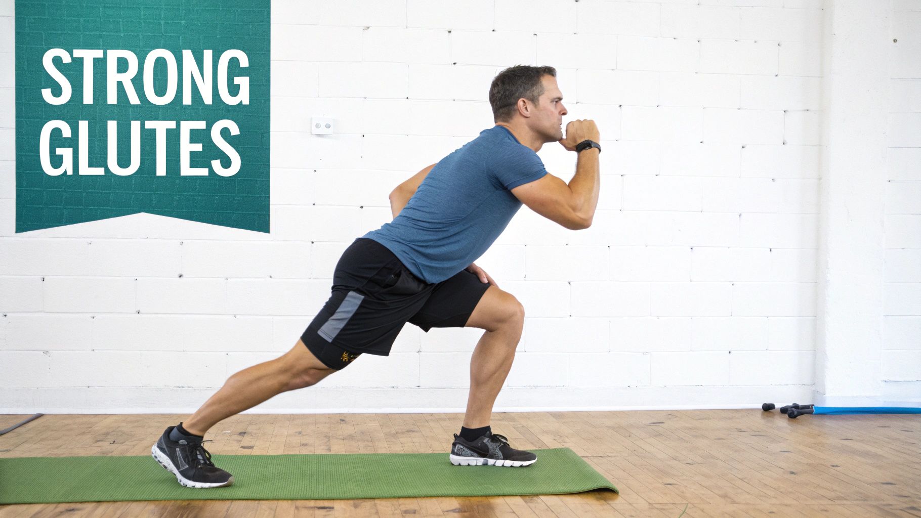 A man in a blue shirt doing a lunge exercise on a green mat, promoting strong glutes.