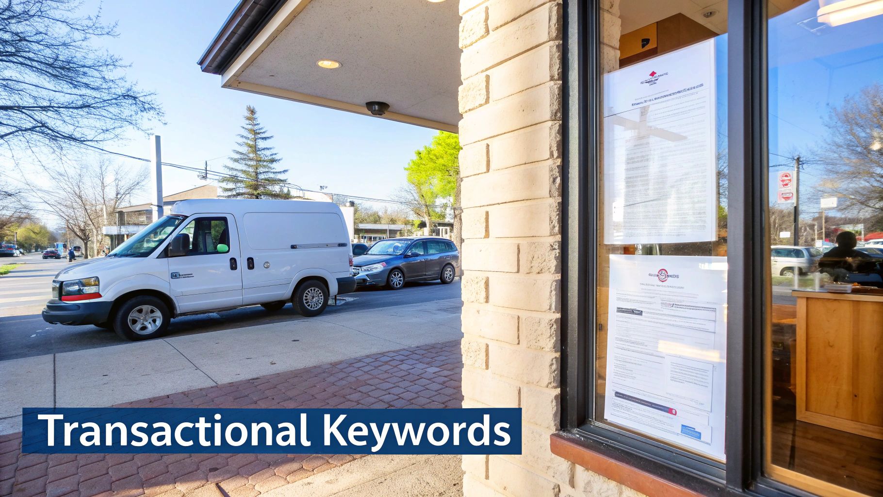 A white delivery van parked on a city street next to a brick building with business documents displayed in its window.