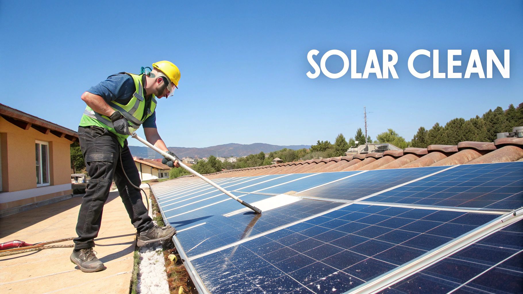A worker in a hard hat and safety vest cleans solar panels on a rooftop under a clear blue sky.
