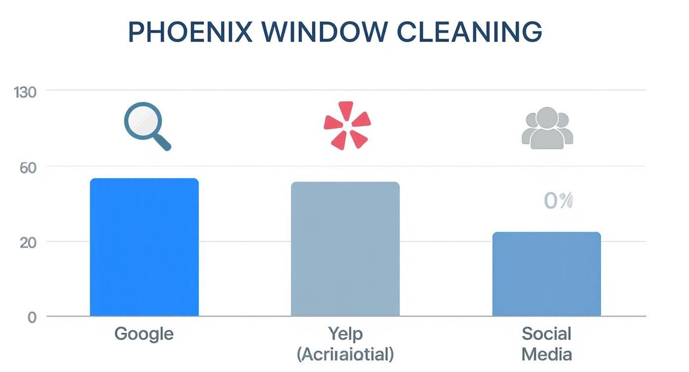 Bar chart illustrating Phoenix window cleaning's online presence across Google, Yelp, and Social Media channels.