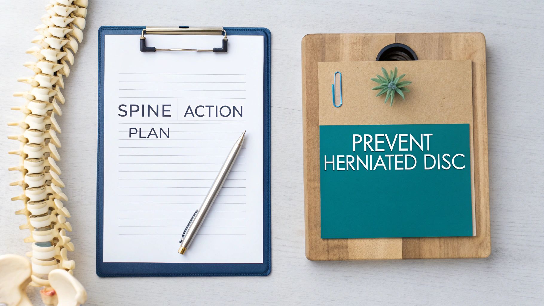 Overhead view of a spine model, a 'SPINE ACTION PLAN' on a clipboard, and a 'PREVENT HERNIATED DISC' card.
