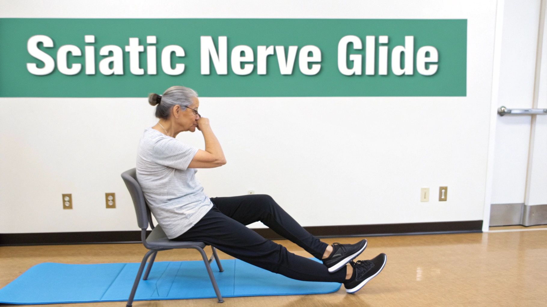 An elderly woman sits on a chair, extending her leg for a sciatic nerve glide exercise.