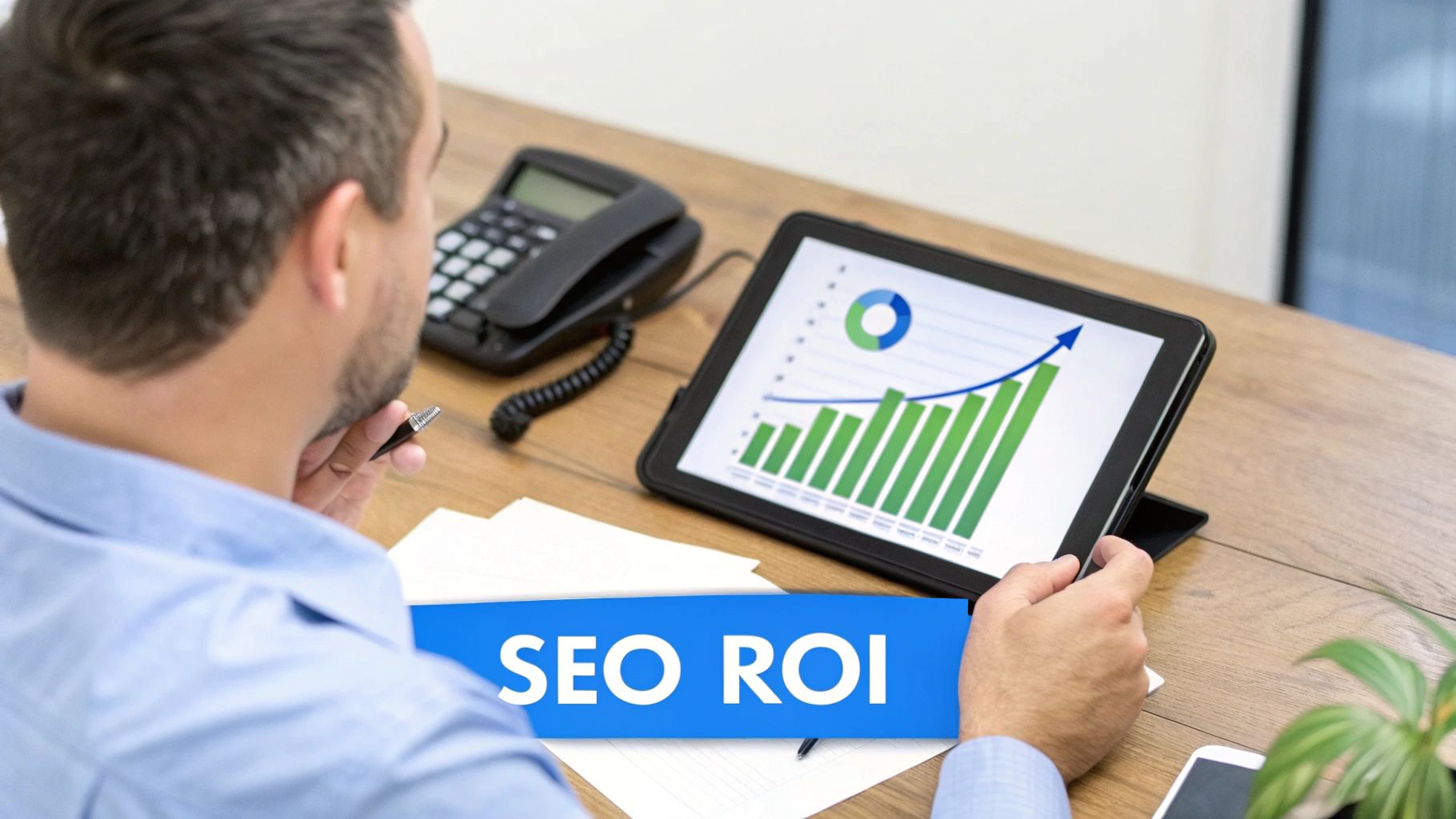 Person reviewing SEO ROI data on a tablet, showing business growth charts on a wooden desk.