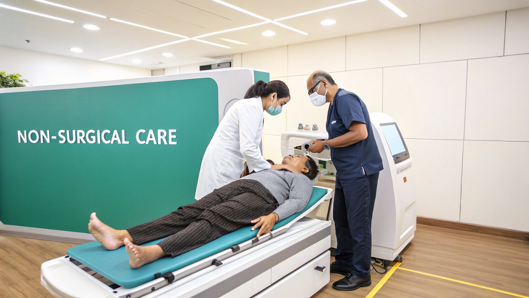 Medical professionals provide non-surgical treatment to a patient on a bed in a modern clinic.