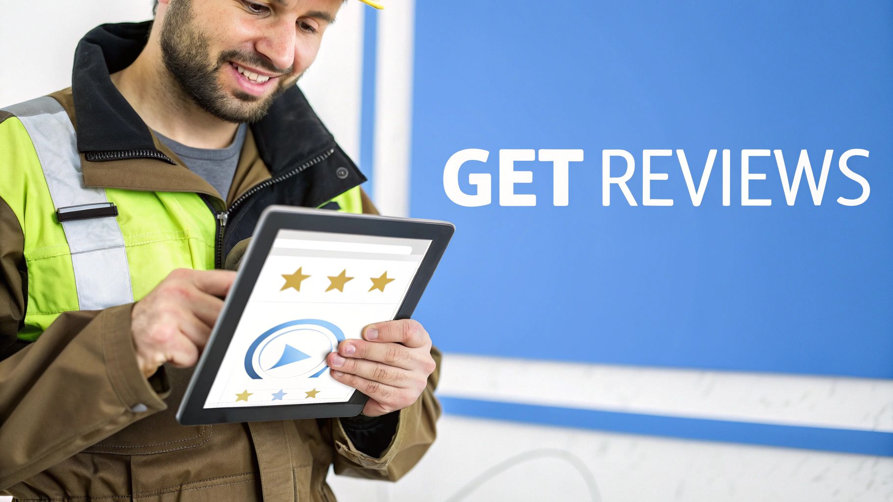 Smiling man in a work jacket holds a tablet showing customer reviews. 'GET REVIEWS' text is on a blue background.