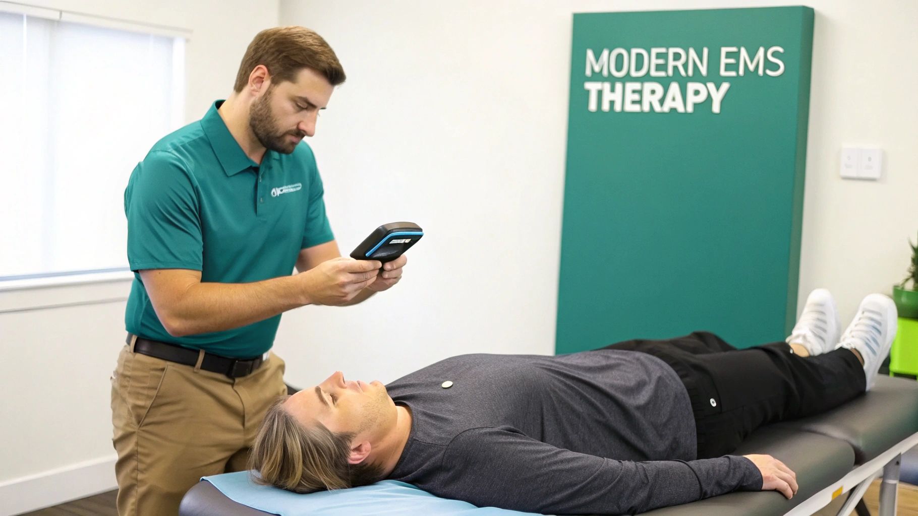 A chiropractor administers electrical muscle stimulation therapy to a patient lying on a table.