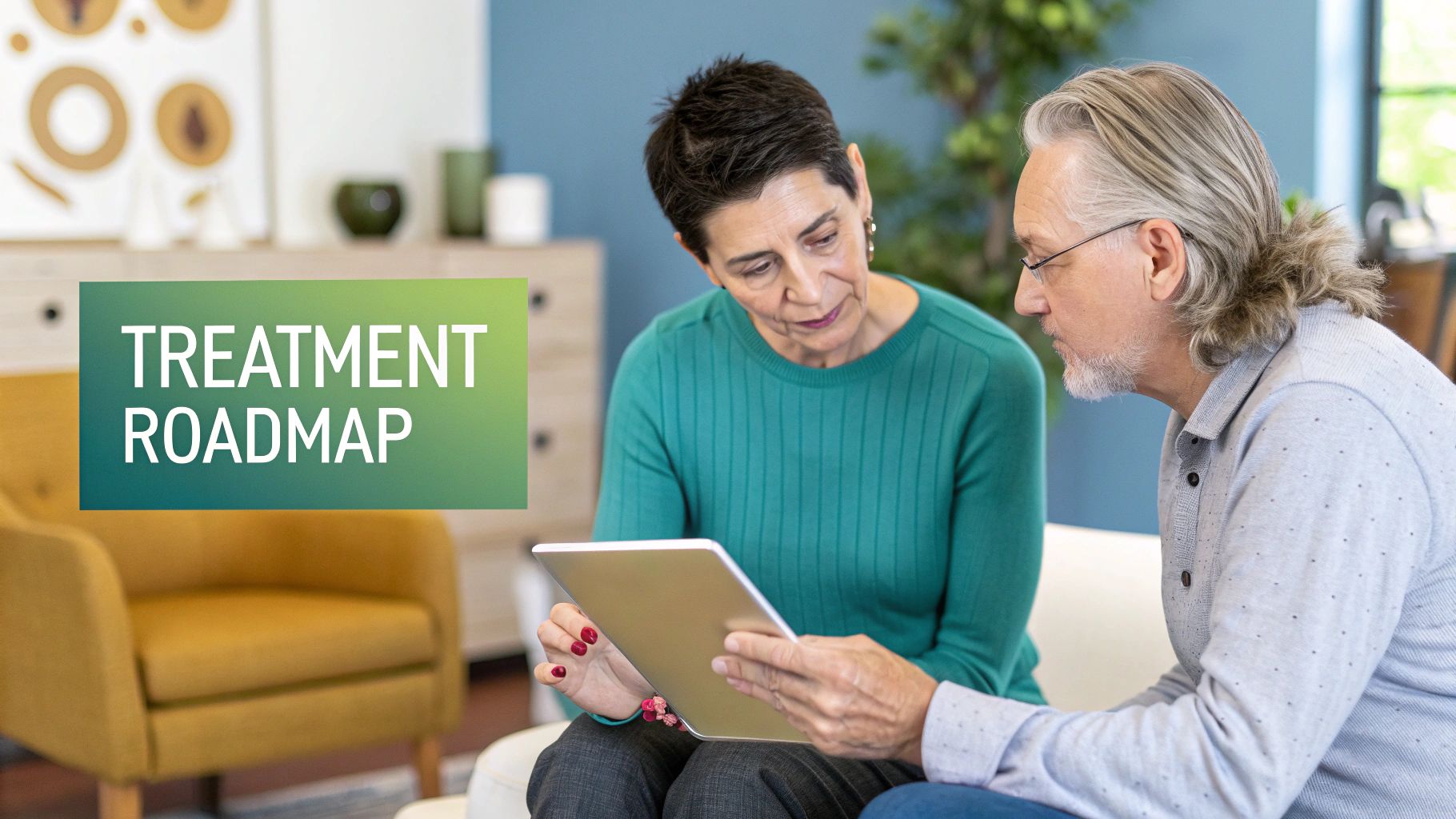 Two older adults review a digital treatment roadmap on a tablet, discussing healthcare options.