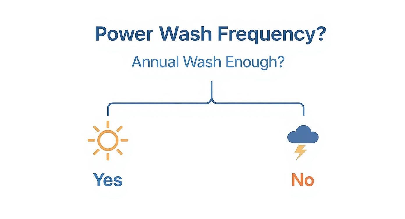 Decision tree illustrating power wash frequency, suggesting annual wash is enough for sunny weather, but not for stormy conditions.