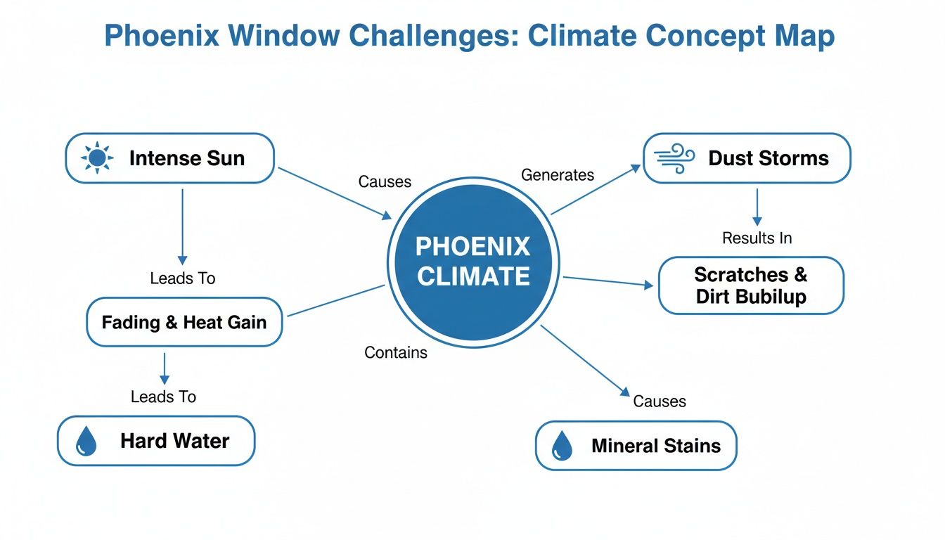 Concept map detailing Phoenix climate challenges: intense sun, dust storms, fading, mineral stains, and hard water.