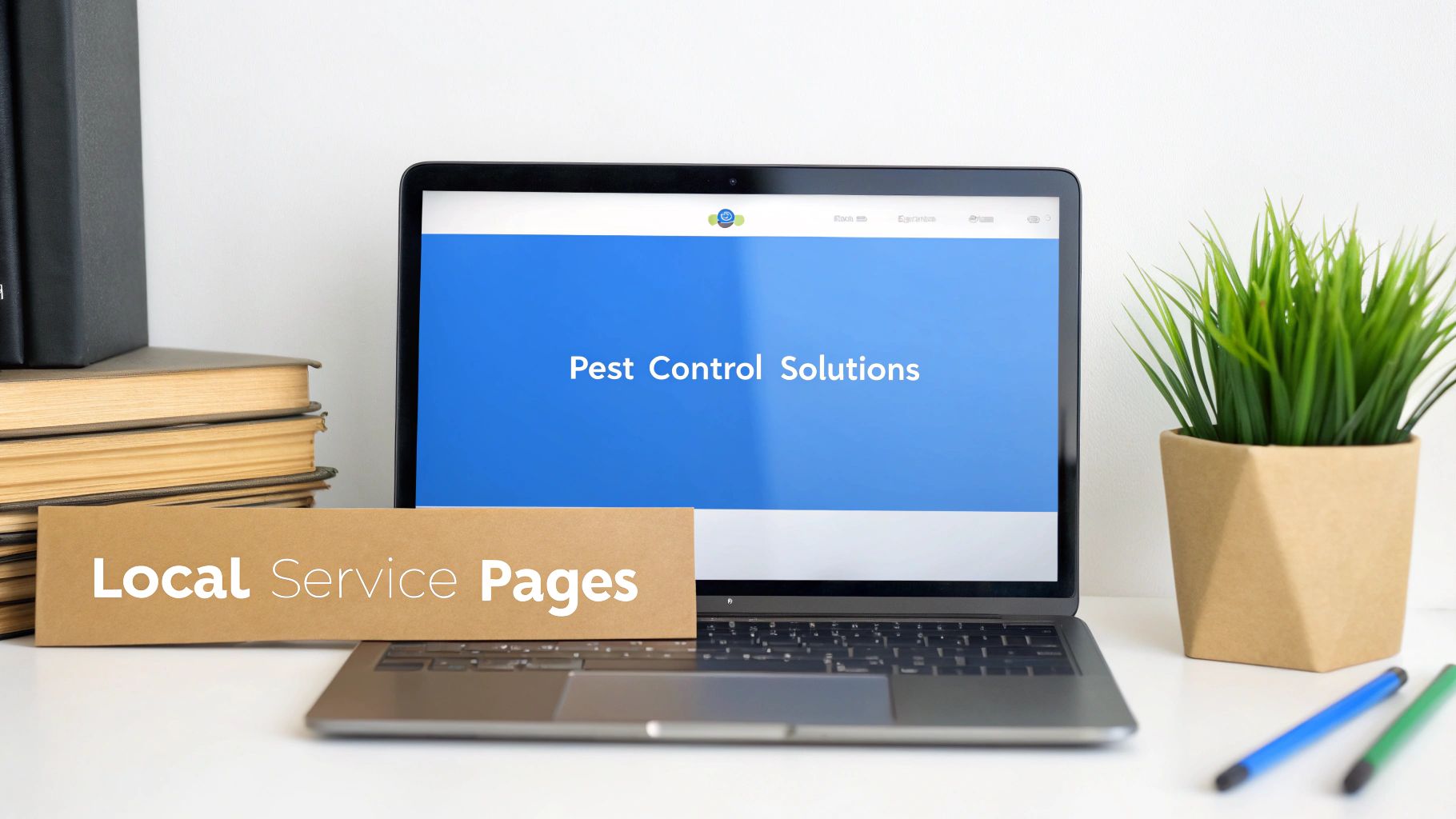 A desk setup with a laptop displaying 'Pest Control Solutions' and a sign saying 'Local Service Pages'.