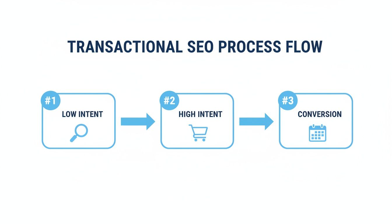 Flowchart illustrating the transactional SEO journey: low intent, high intent, and conversion stages.