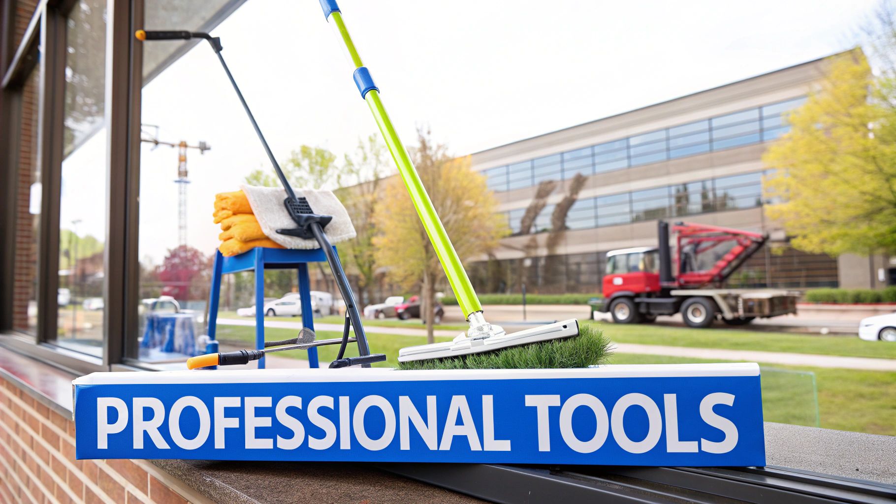 Professional tools for window cleaning, including squeegees, a broom, and towels, displayed outdoors.