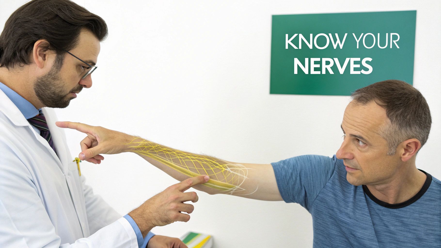 Doctor explains nerves on a patient's arm using an illustrative overlay, next to a 'KNOW YOUR NERVES' sign.