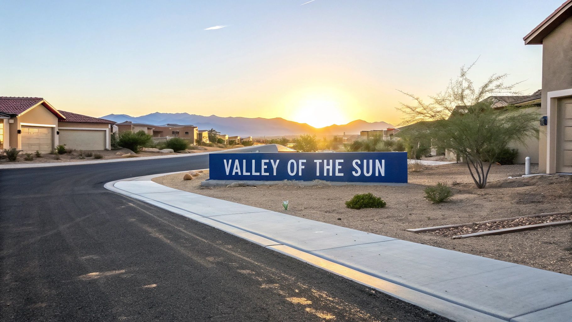 A 'Valley of the Fsun' sign at sunset in a desert community with houses and mountains.