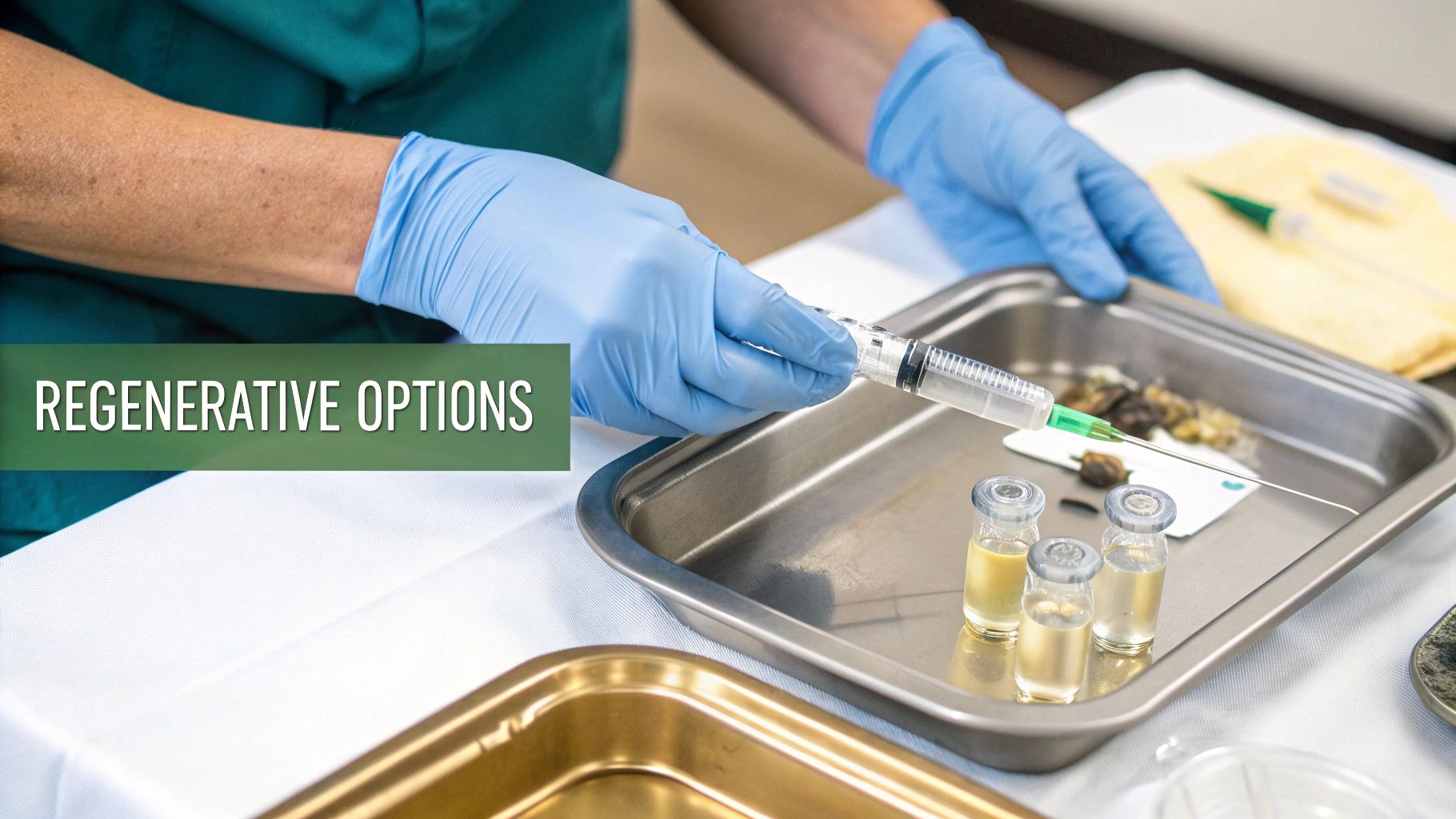 Hands in blue gloves preparing a syringe with vials for regenerative medical treatment on a sterile tray.