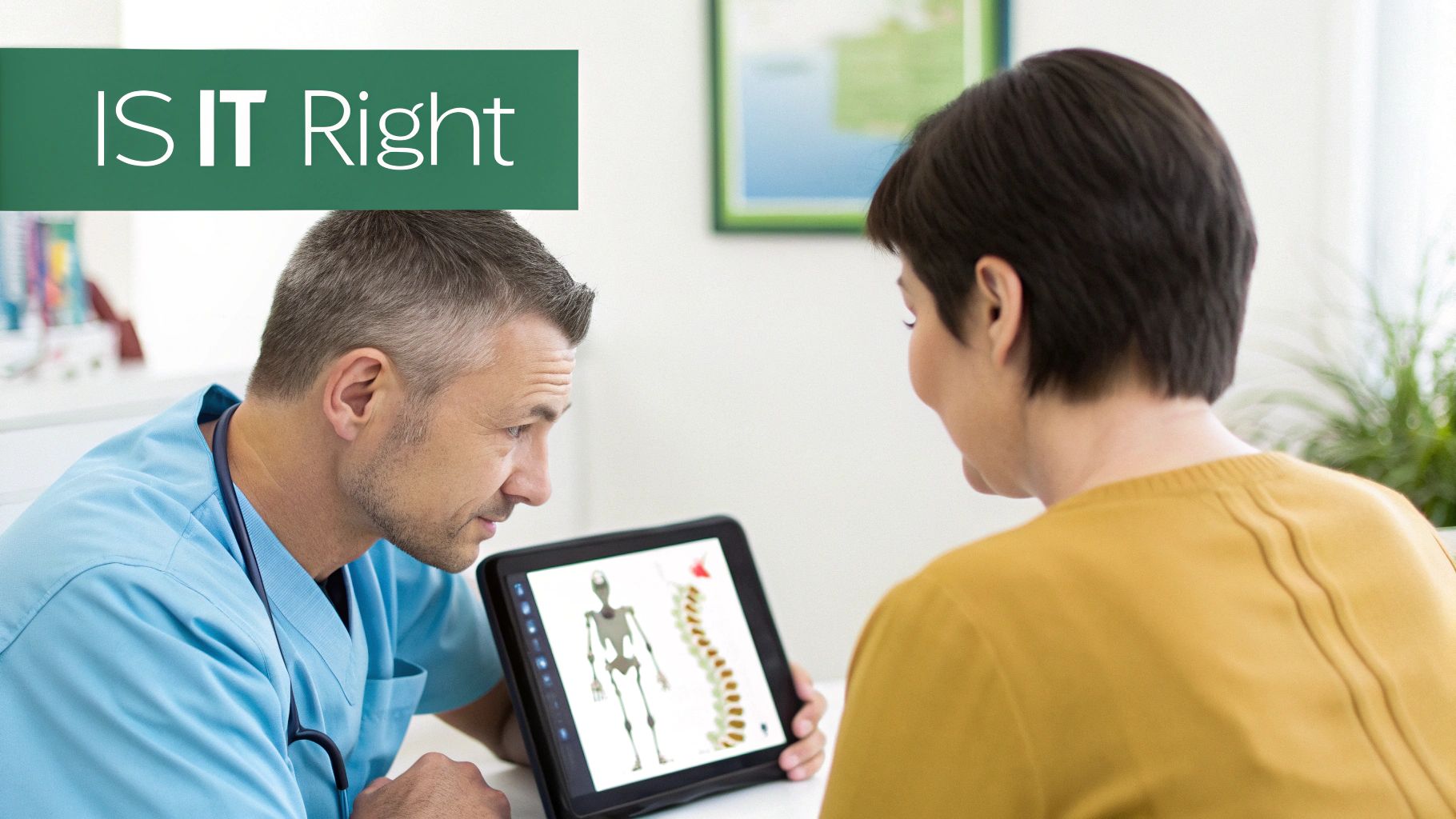 A doctor shows a patient a digital model of a spine on a tablet during a consultation.