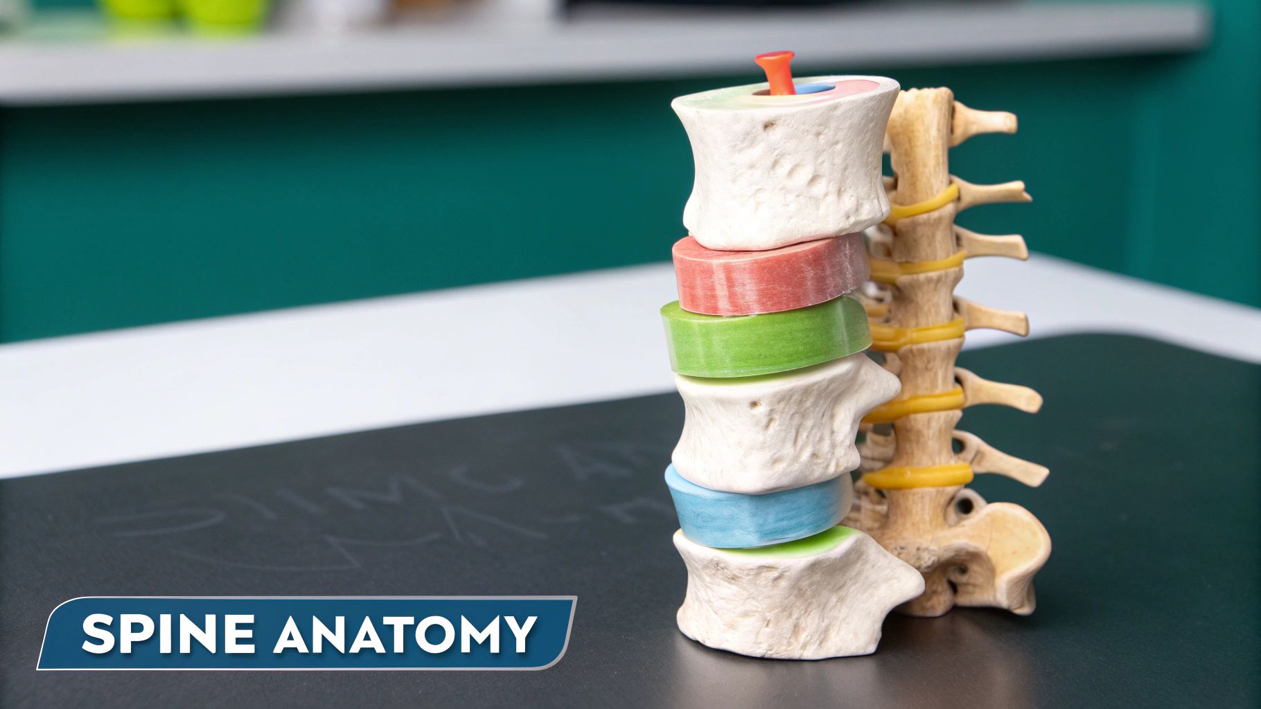 A detailed anatomical model of the human spine showing vertebrae and colorful intervertebral discs.