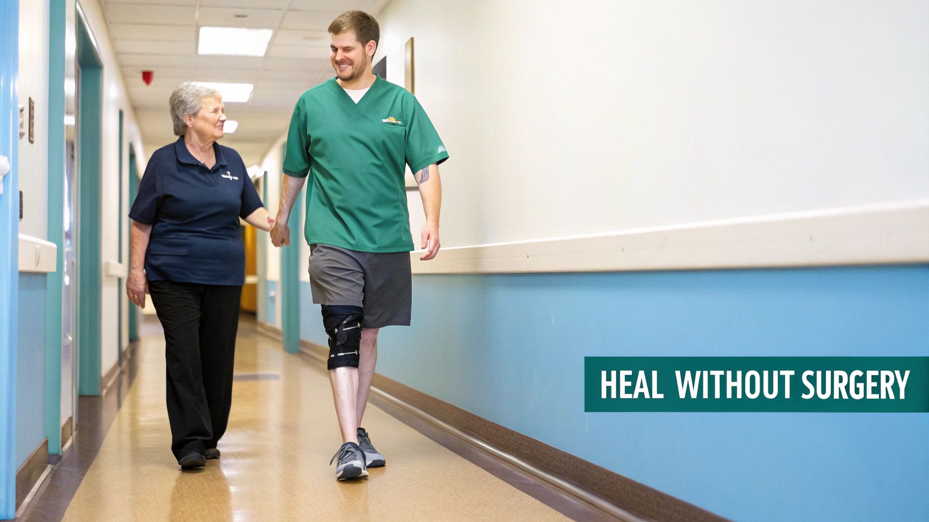 A woman assists a smiling man with a knee brace walking in a hospital hallway.
