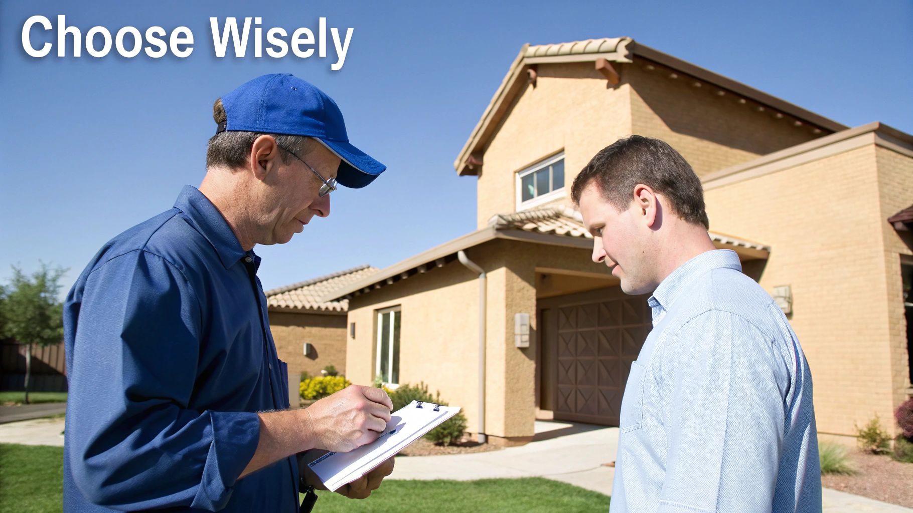 Two men outside a house, one in a blue uniform writing on a clipboard for the other.